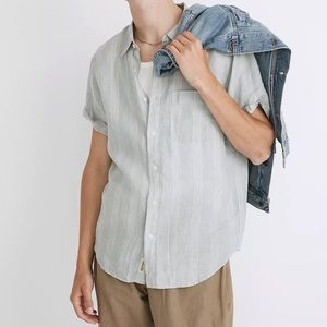 NWT Madewell Linen Perfect Short-Sleeve Shirt in Stripe/Blue Horizon